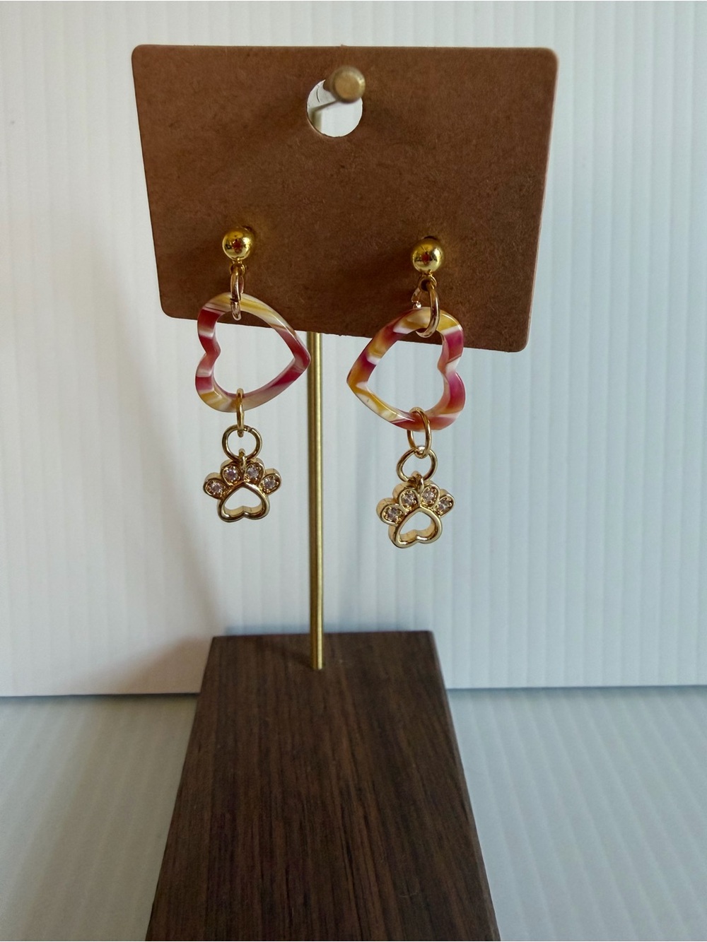 Pink Marbled Heart Drop Earrings with Crystal Paw Charm